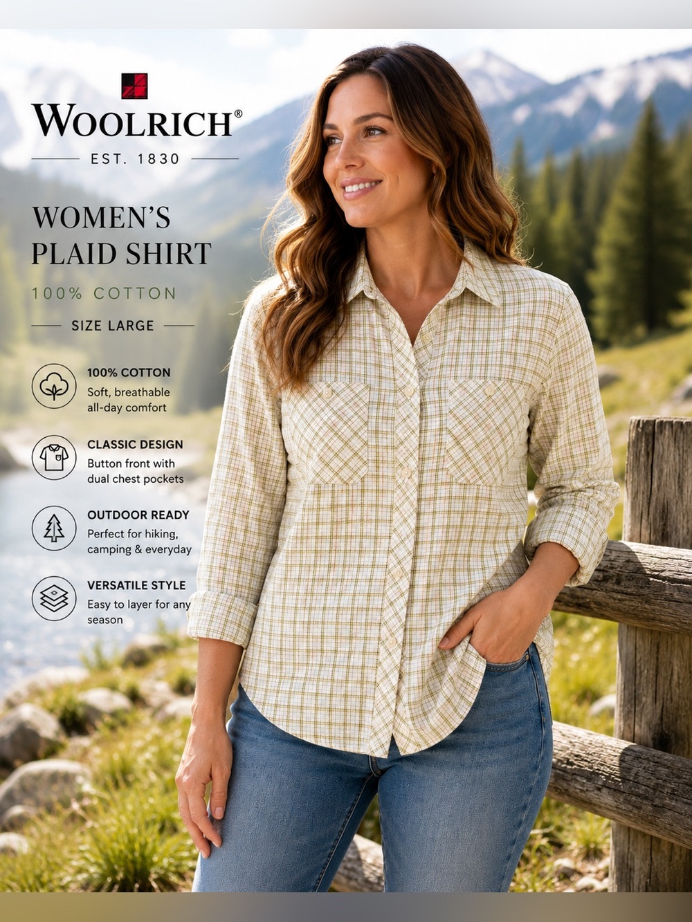 Woolrich Women’s Large Plaid Button Front Cotton Flannel Shirt Outdoor